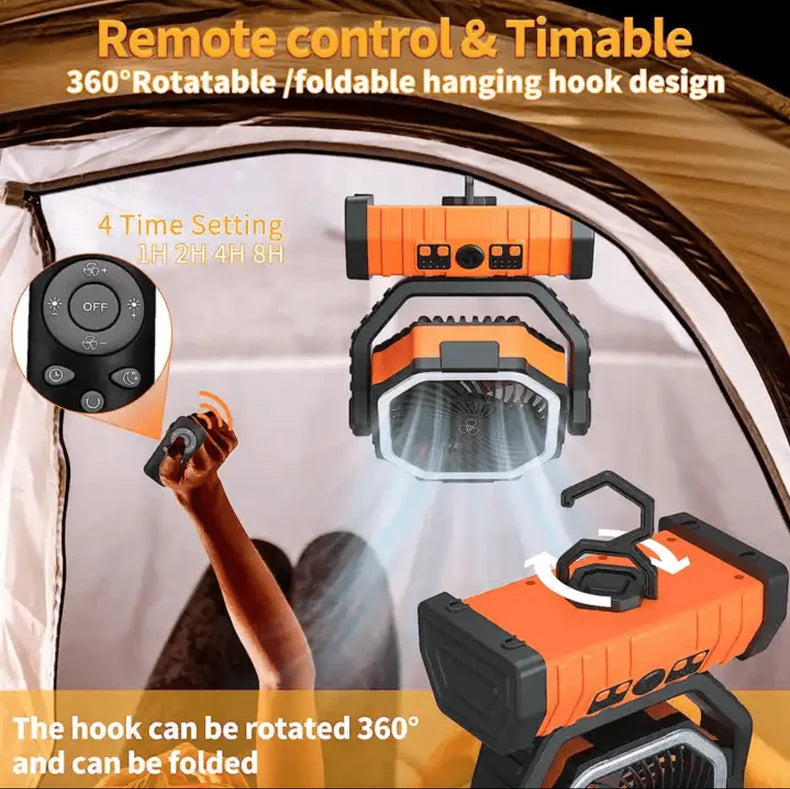 Portable Camping Fan with Remote & LED Light | 360 Rotating | Hanging