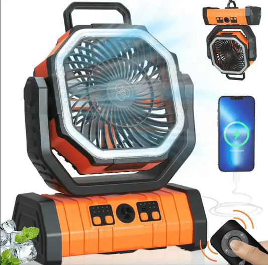 Portable Camping Fan with Remote & LED Light | 360 Rotating | Hanging